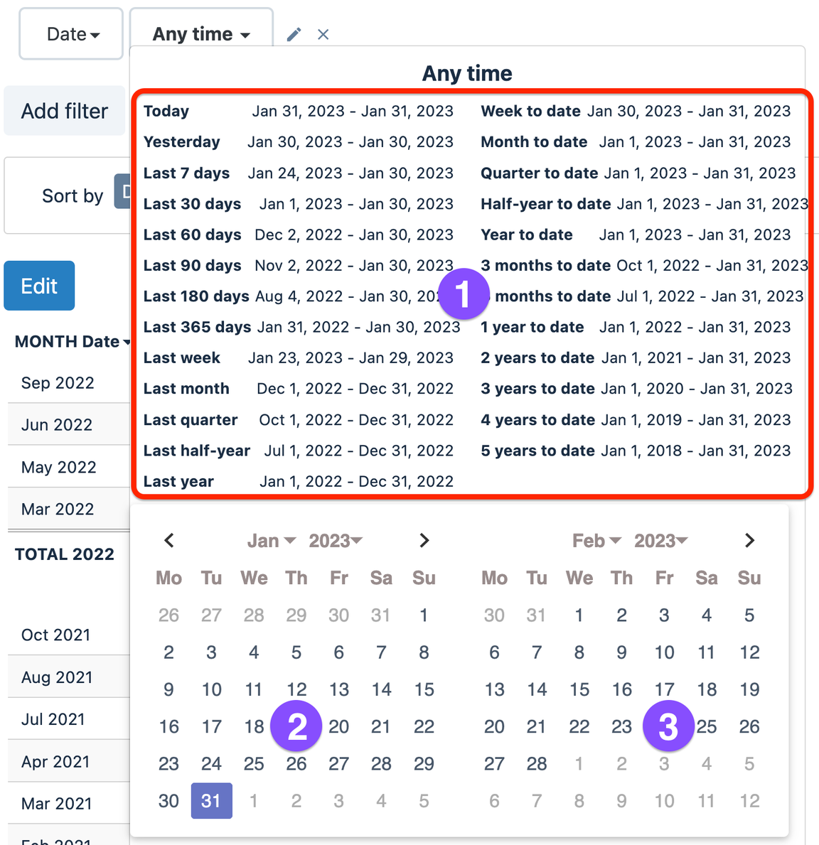 Filter by dynamic or fixed date range