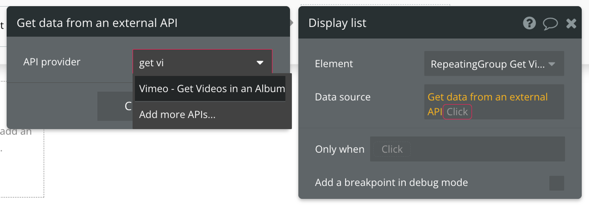 Select "Get data from external API" from the list of data sources, then find Vimeo - Get Videos in an Album from the list of API providers
