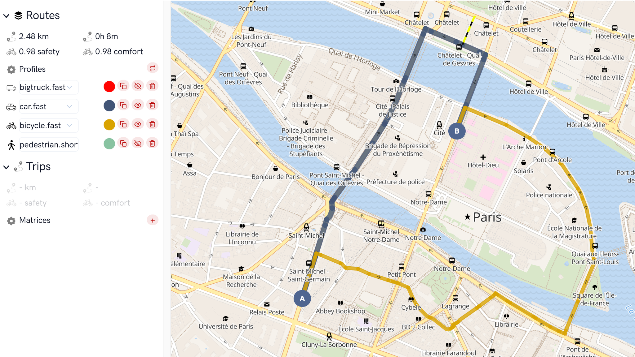 A route planned for bicycle.fast and car.fast in test view in the center for Paris.