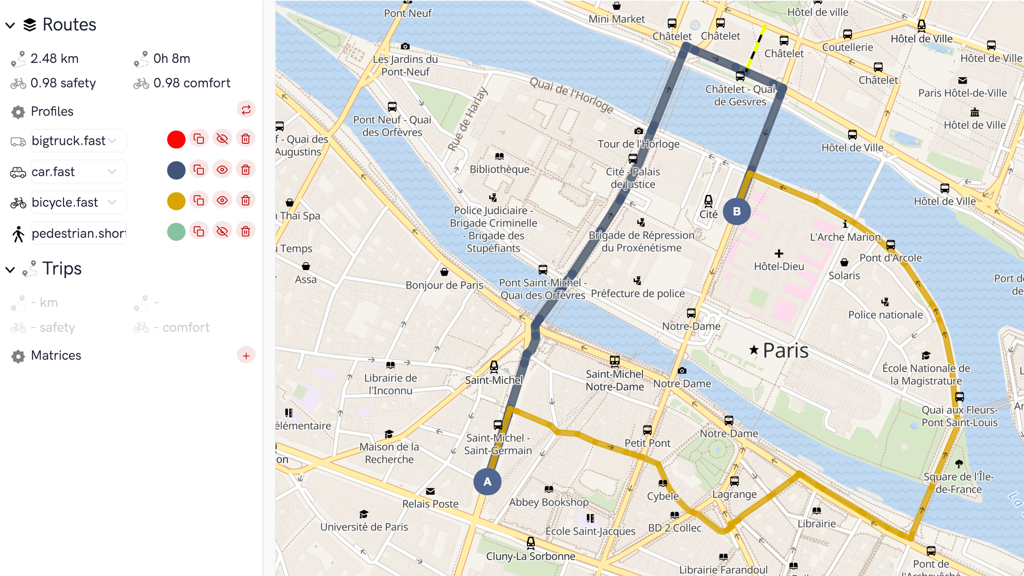 A route planned for bicycle.fast and car.fast in test view in the center for Paris.