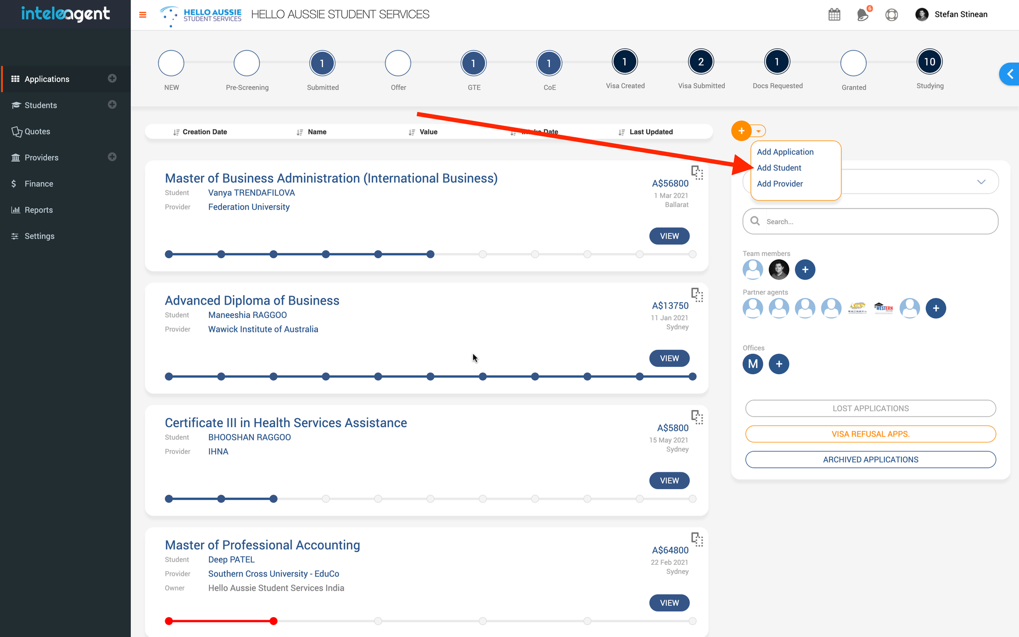 Add a student record from Applications screen