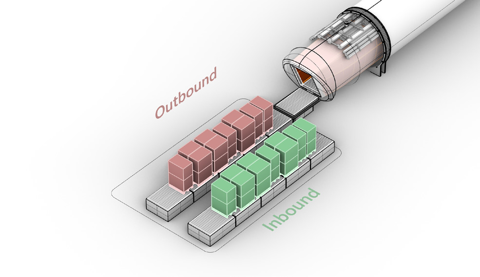 Figure 10: Conceptual model of a cargo dock with an automated loading system using conveyor belts.