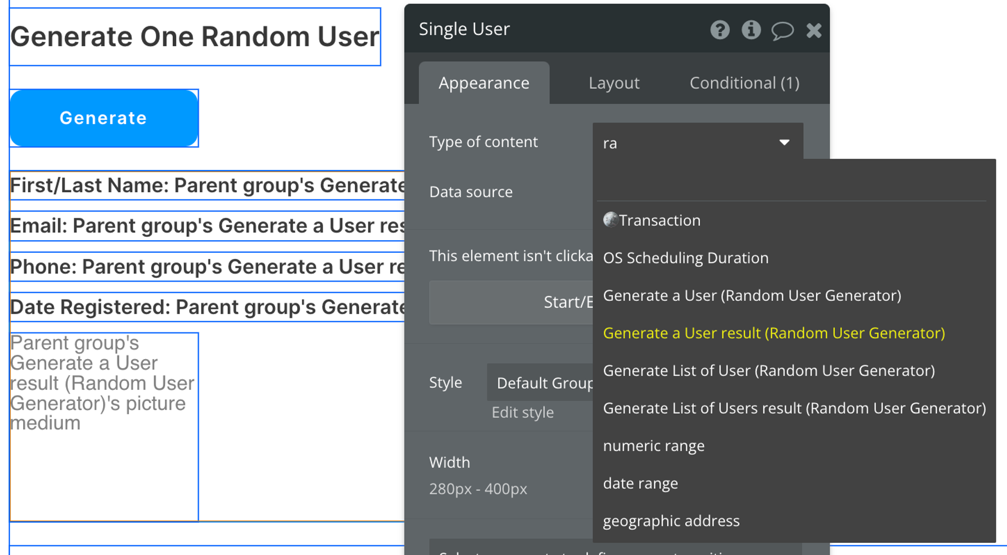Select Generate a User result (Random User Generator) as the type of content for this group