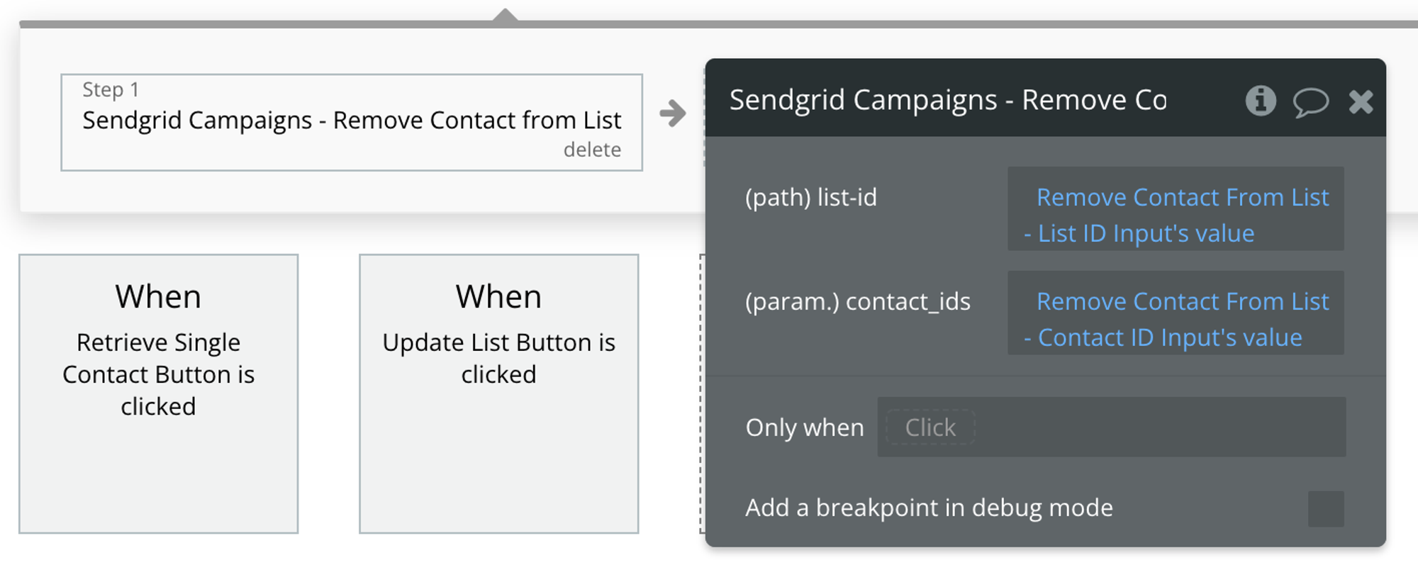 Select Sendgrid Campaigns - Remove Contact from List from the list of Plugin actions
