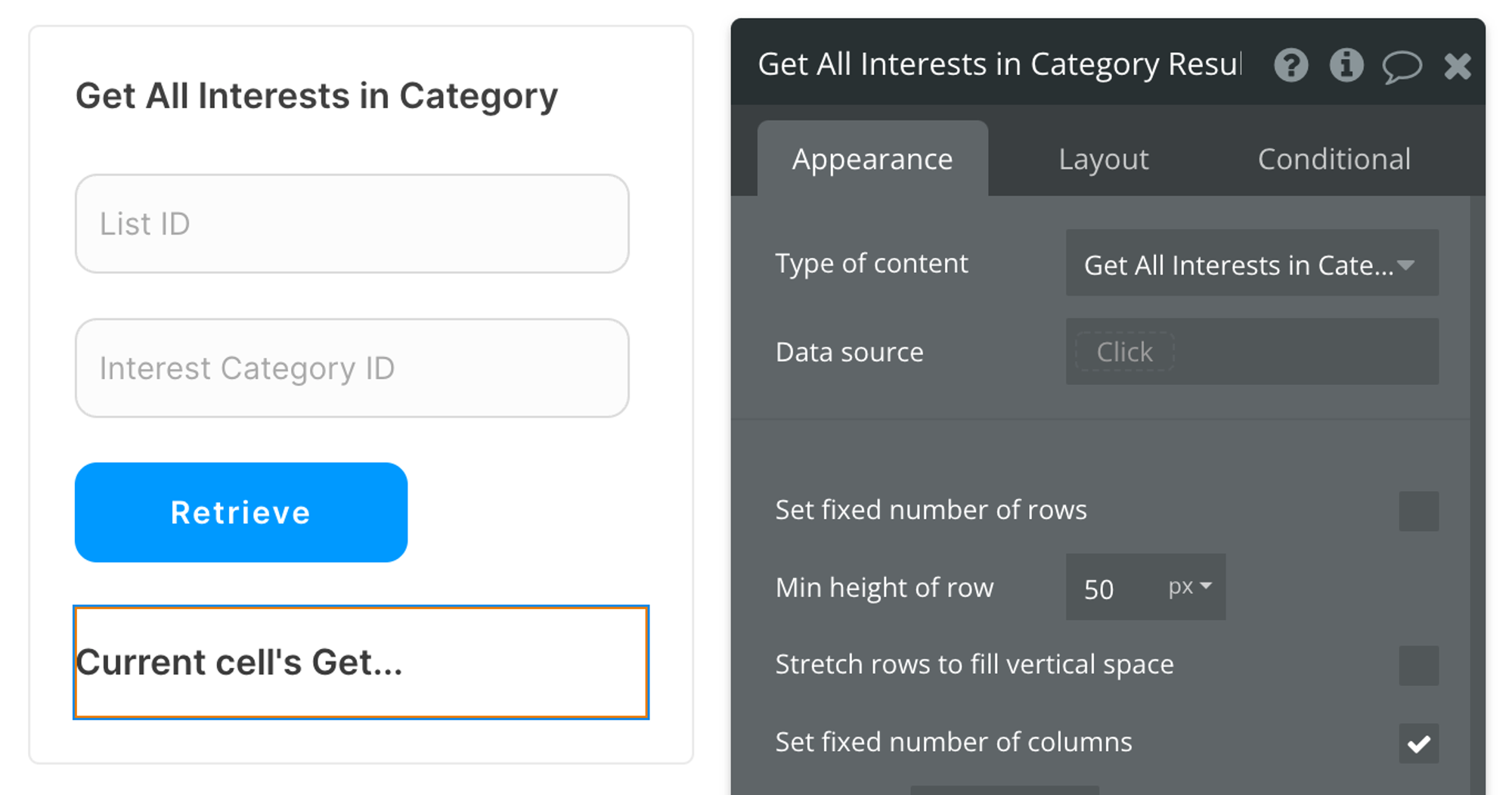 Select Get All Interests in Category interest (Mailchimp Extended) from the list of content types