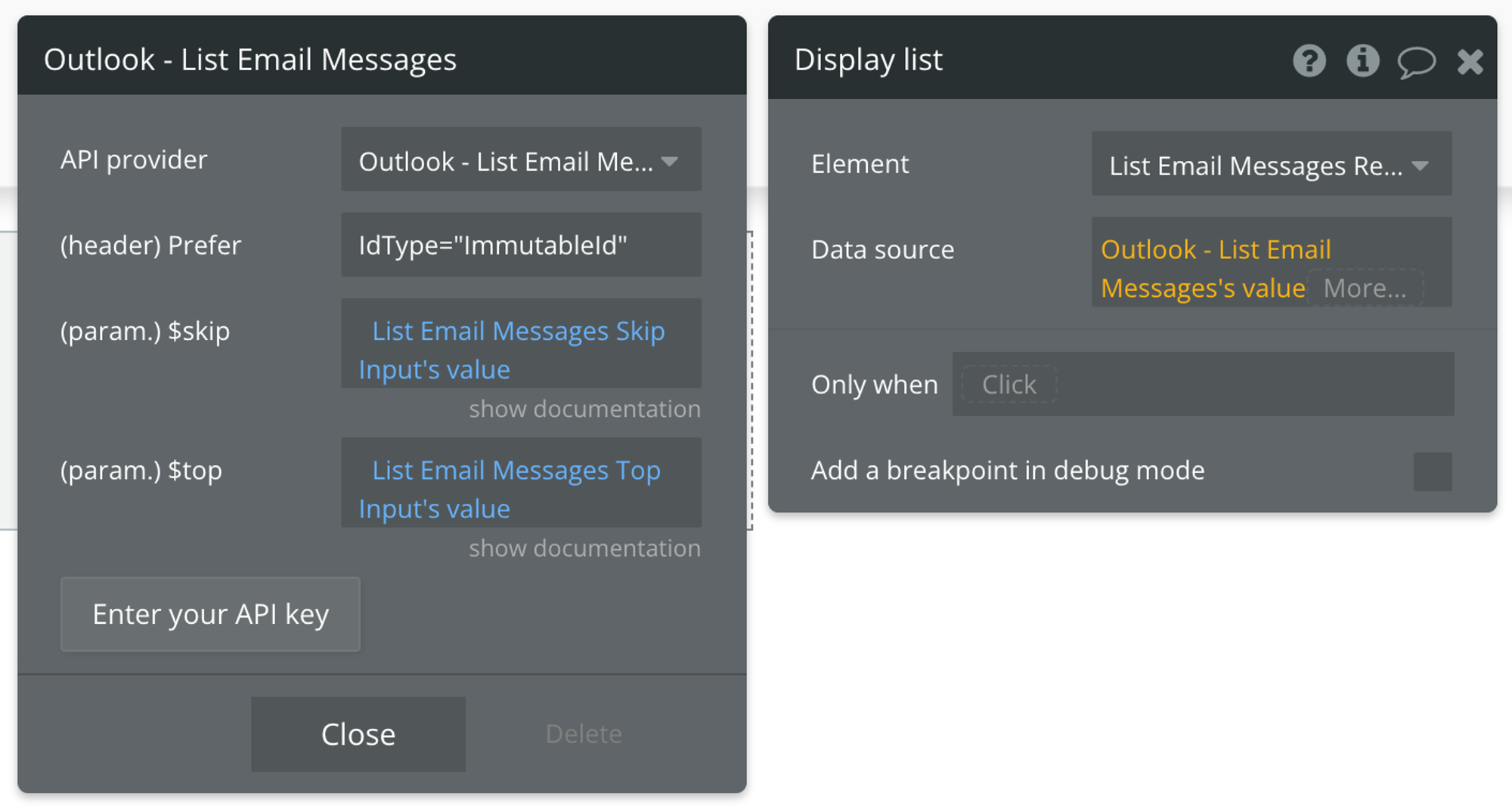 Select Outlook - List Email Messages's value for the data source