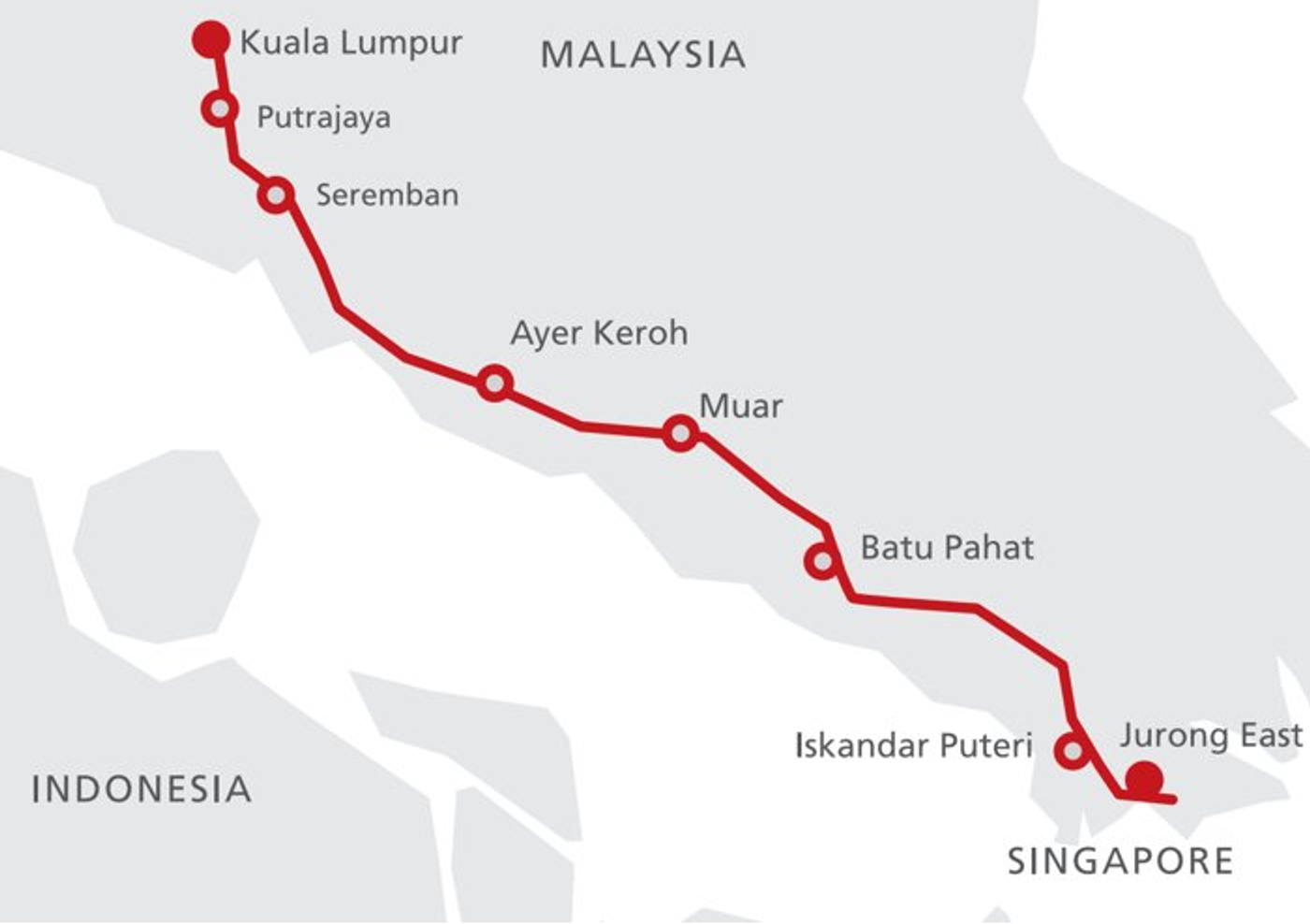 Planned HSR corridor between Kuala Lumpur and Singapore.