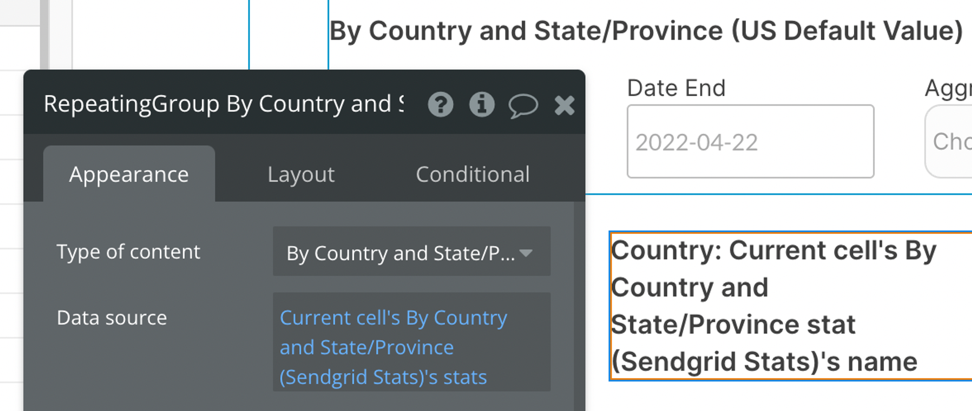 Select the type of content called: By Country and State/Province stat (SendGrid Stats)