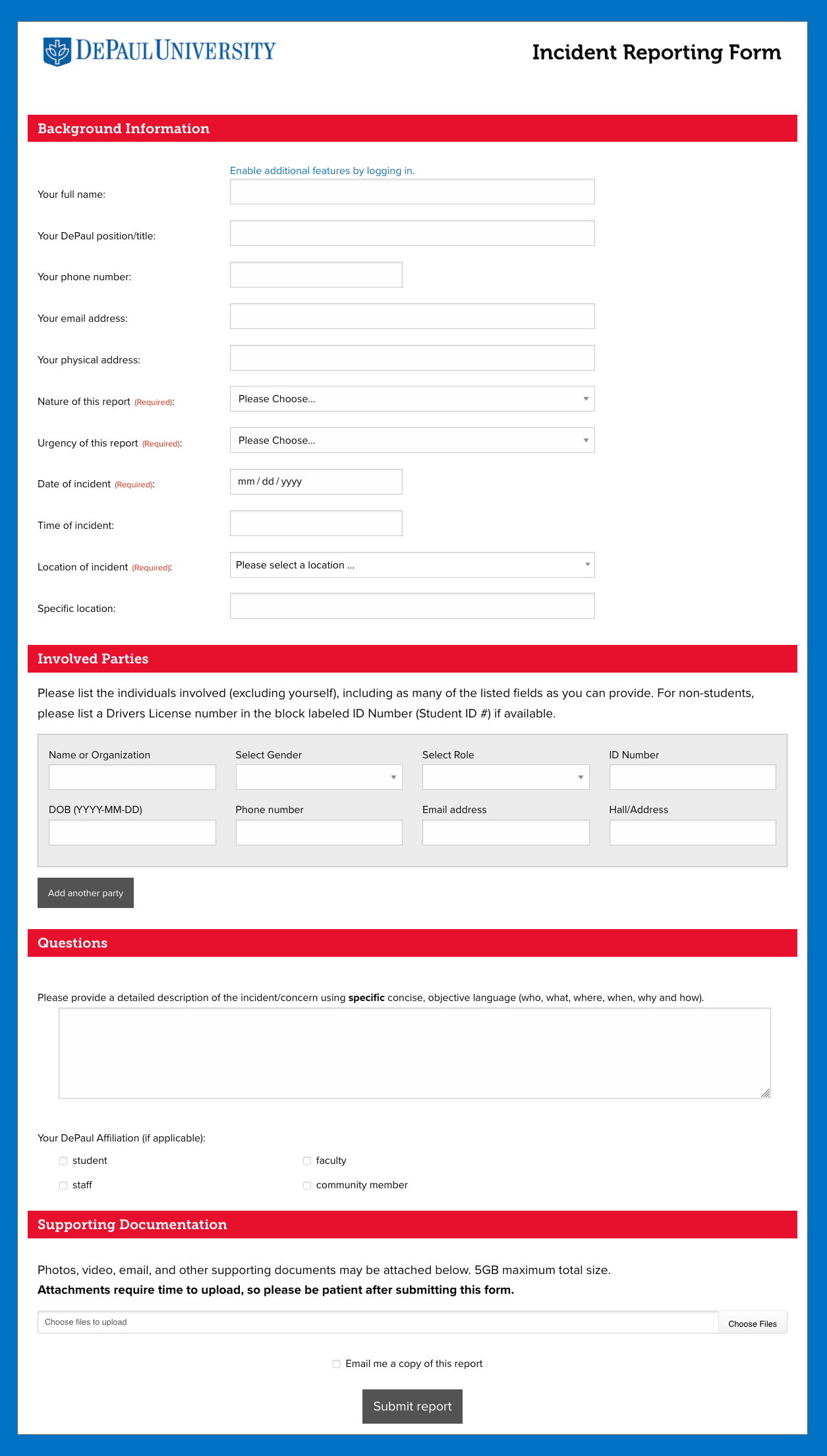 Screenshot taken 09.22.20 of the Incident Reporting Form used by the Dean of Students office