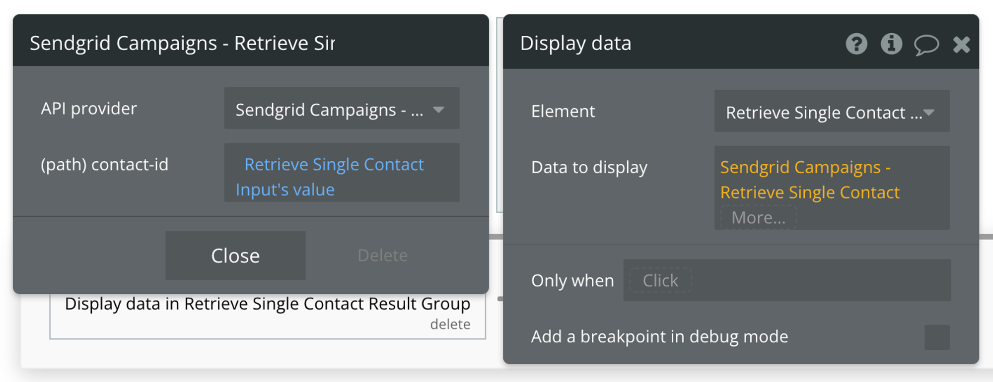 Select Sendgrid Campaign - Retrieve Single Contact from the API provider dropdown