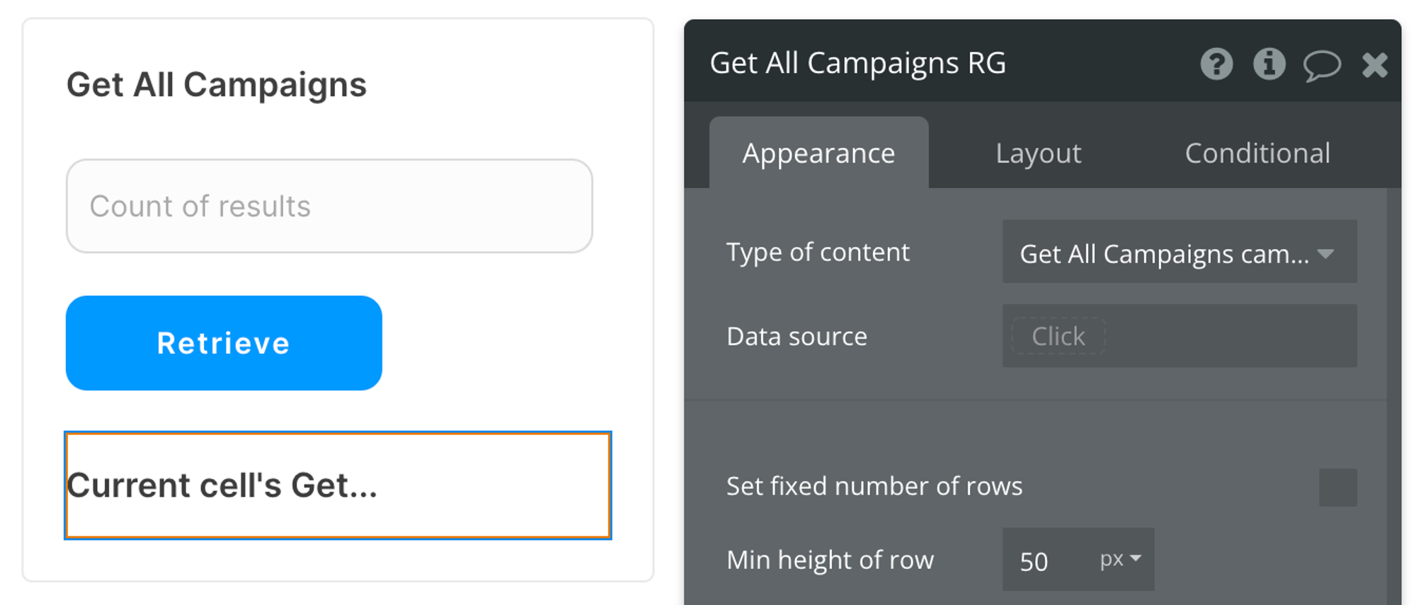 Select Get All Campaigns campaign (Mailchimp Extended) from the list of content types