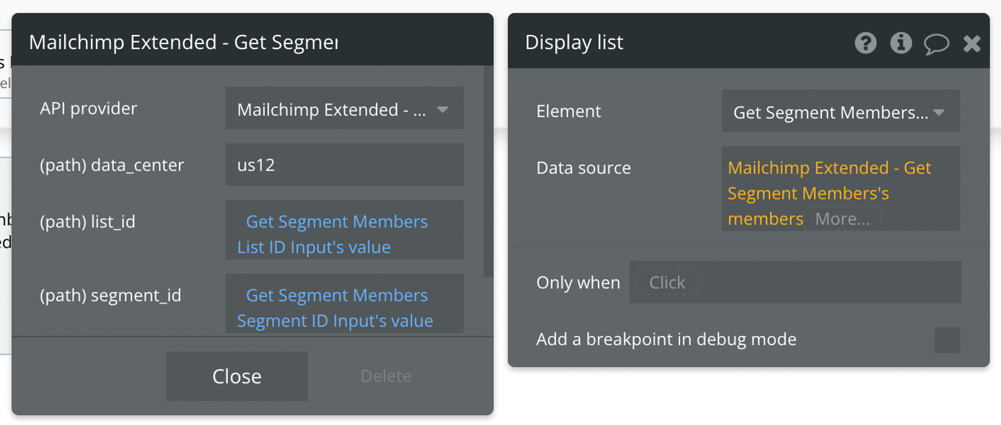 Select Mailchimp Extended - Get Segment Members's members for the data source
