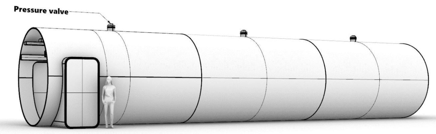 A 3D conceptual model of a Linear Guideway with an Emergency Exit door.