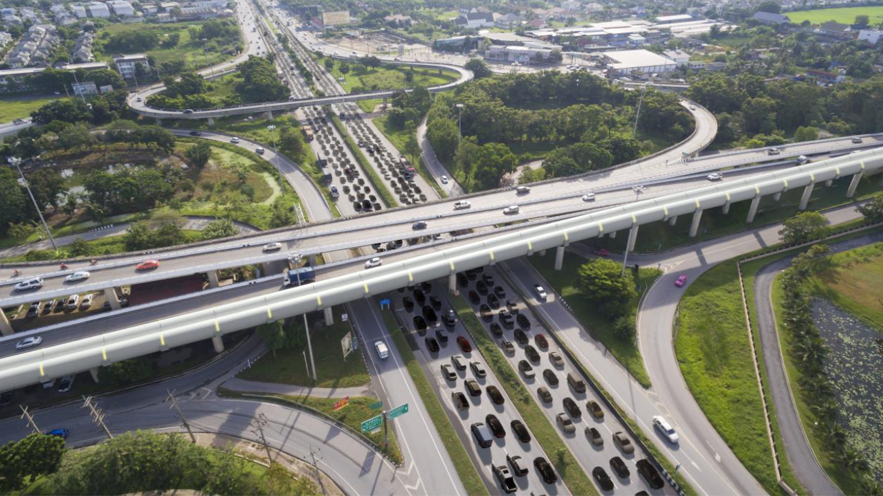 Rendering of hyperloop tubes integrated into a transportation network.