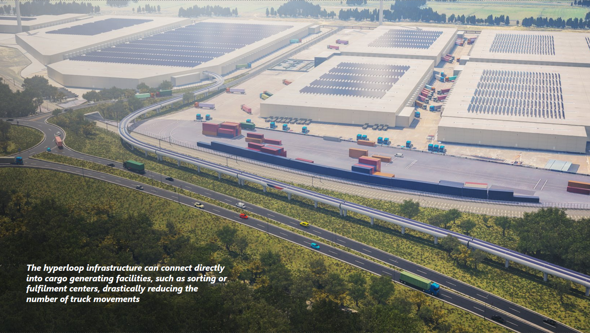 Render of cargo hyperloop within transportation industry.