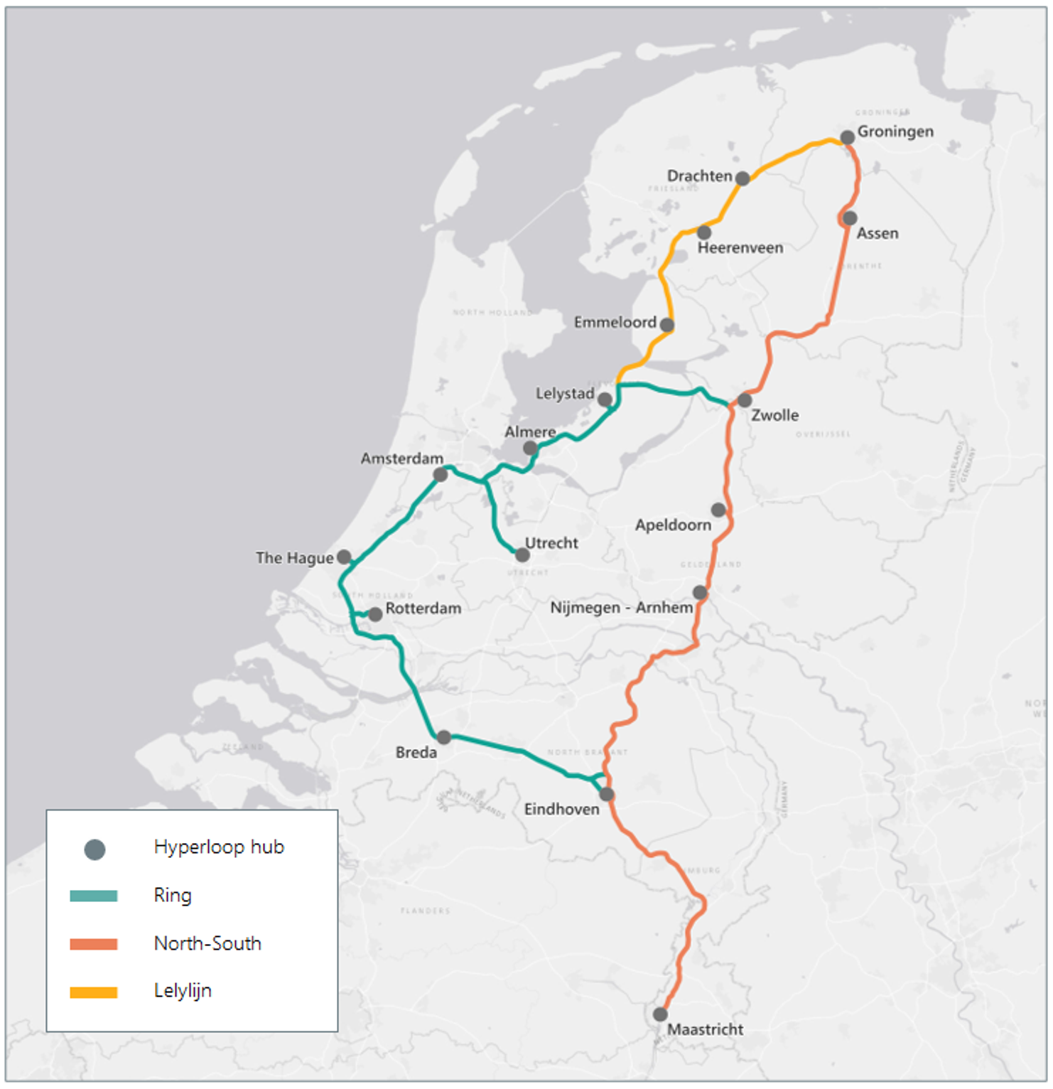 Map of the proposed hyperloop routes for the Netherlands.