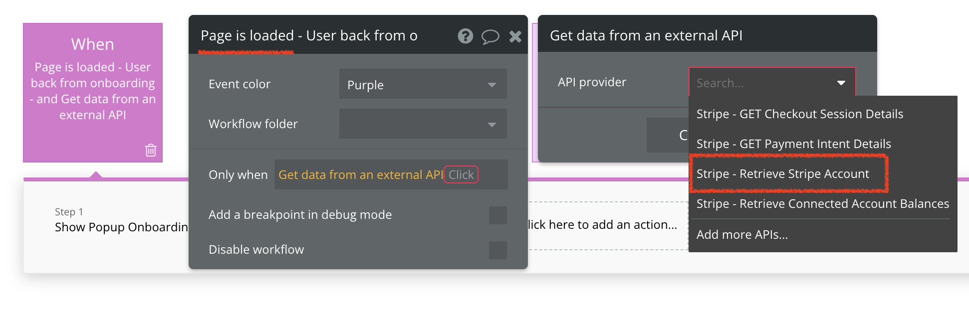 Create a workflow on page load and call the 'Retrieve Stripe Account' data call to get the status of the charges_enabled parameter