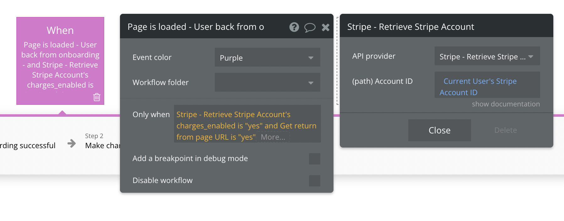 Create a workflow on page load and call the 'Retrieve Stripe Account' data call to get the status of the charges_enabled parameter