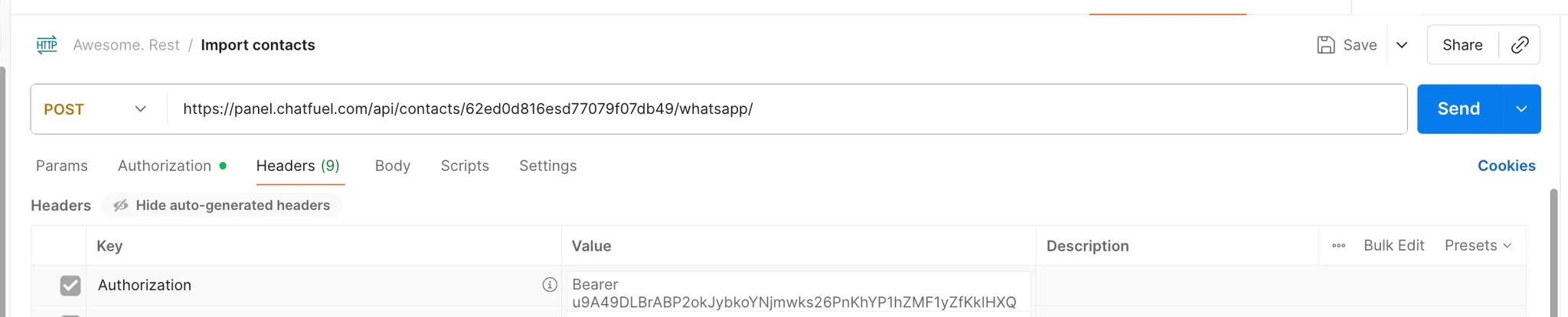Cabeçalho com token da API no Postman