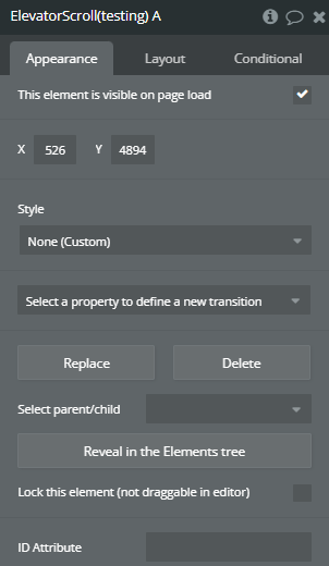 Element properties → Elevator Scroll.
