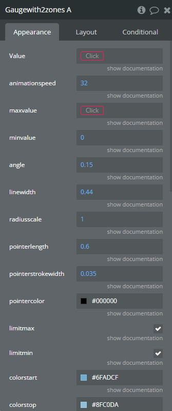 Element properties → Gauge with 2 zones.