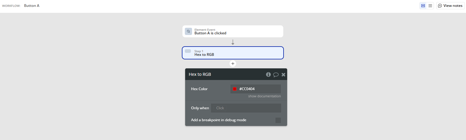 Workflow action → Hex To RGB.