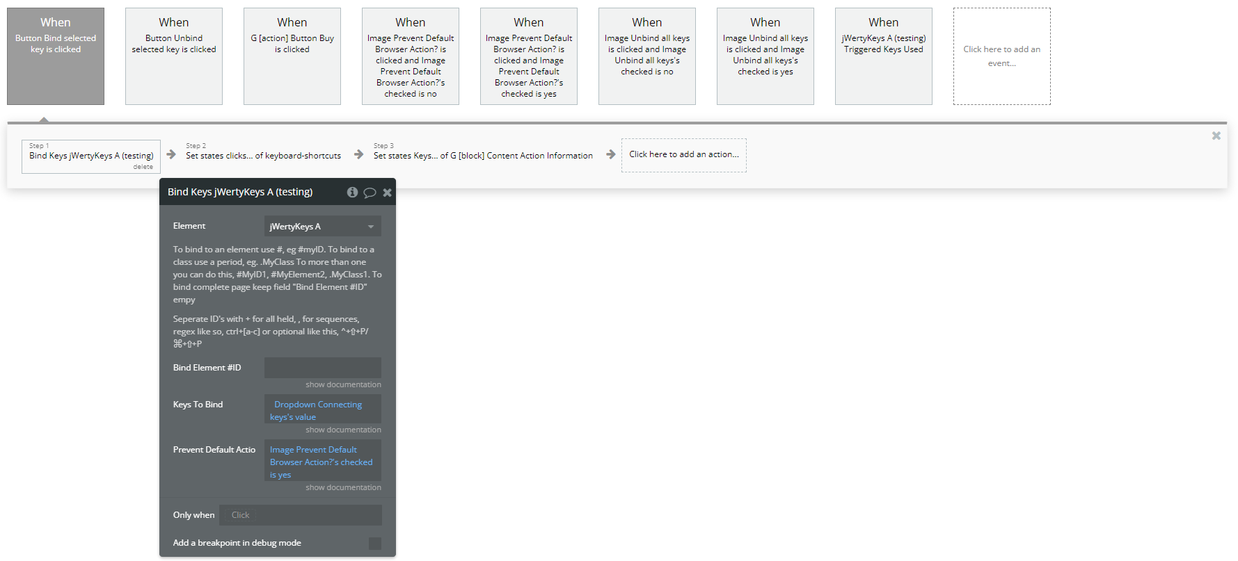 Workflow action → Bind Keys A JWerty Keys.