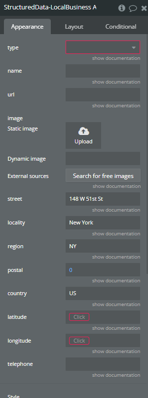Element properties → Structured Data- Local Business.