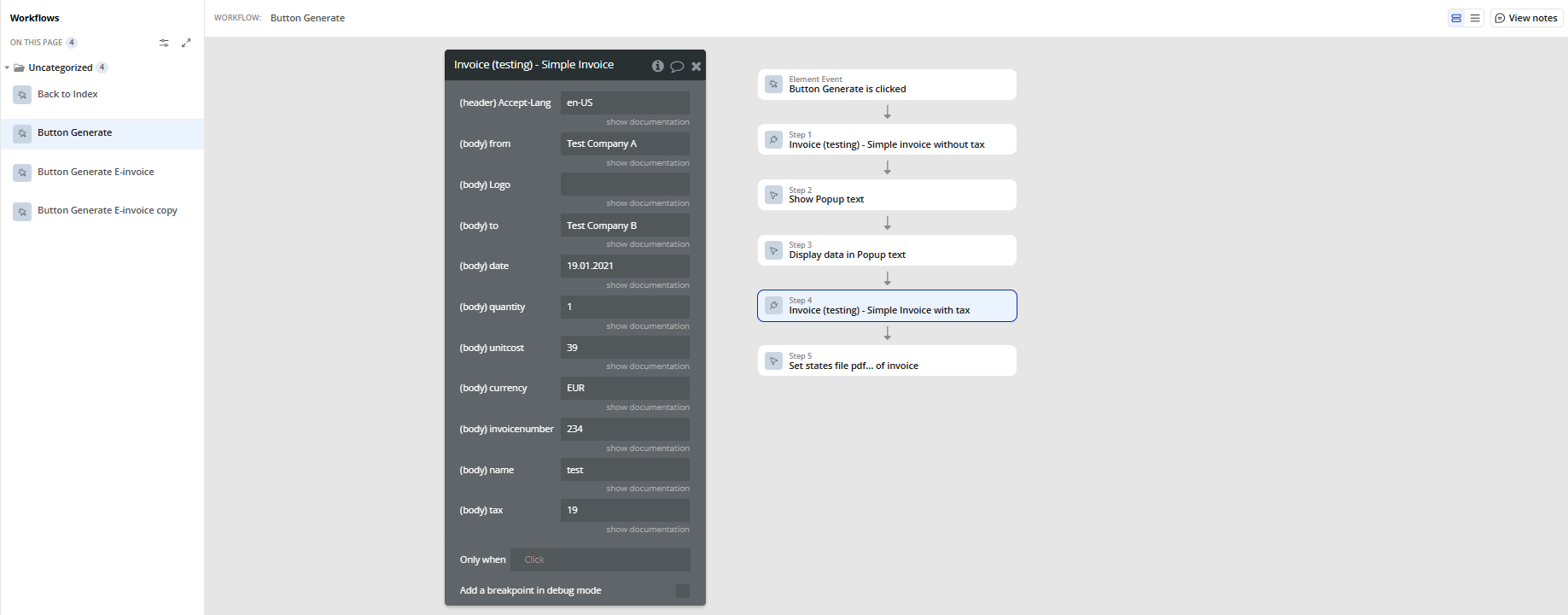 Workflow action → Invoice - Simple Invoice With Tax.