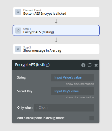 Workflow action → Encrypt AES.