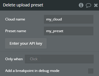 Plugin action → Delete upload preset.