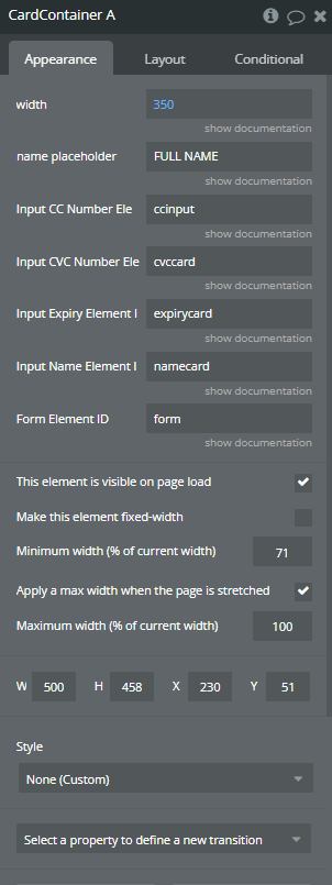 Element properties → Card Container.