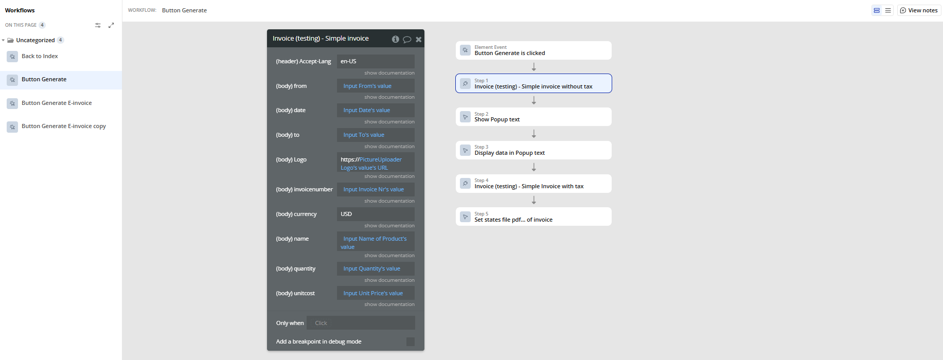 Workflow action → Simple Invoice Without Tax.