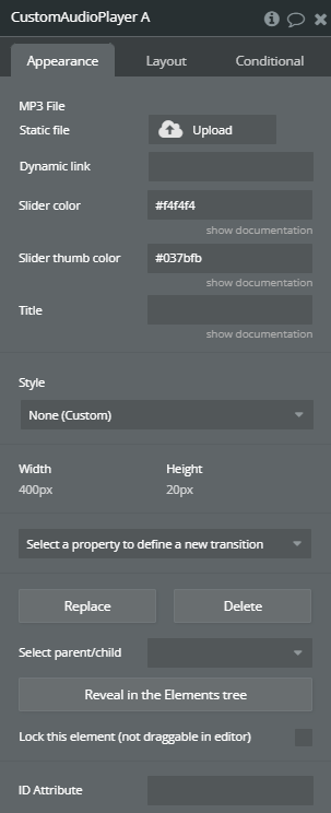 Element properties → Custom Audio Player.