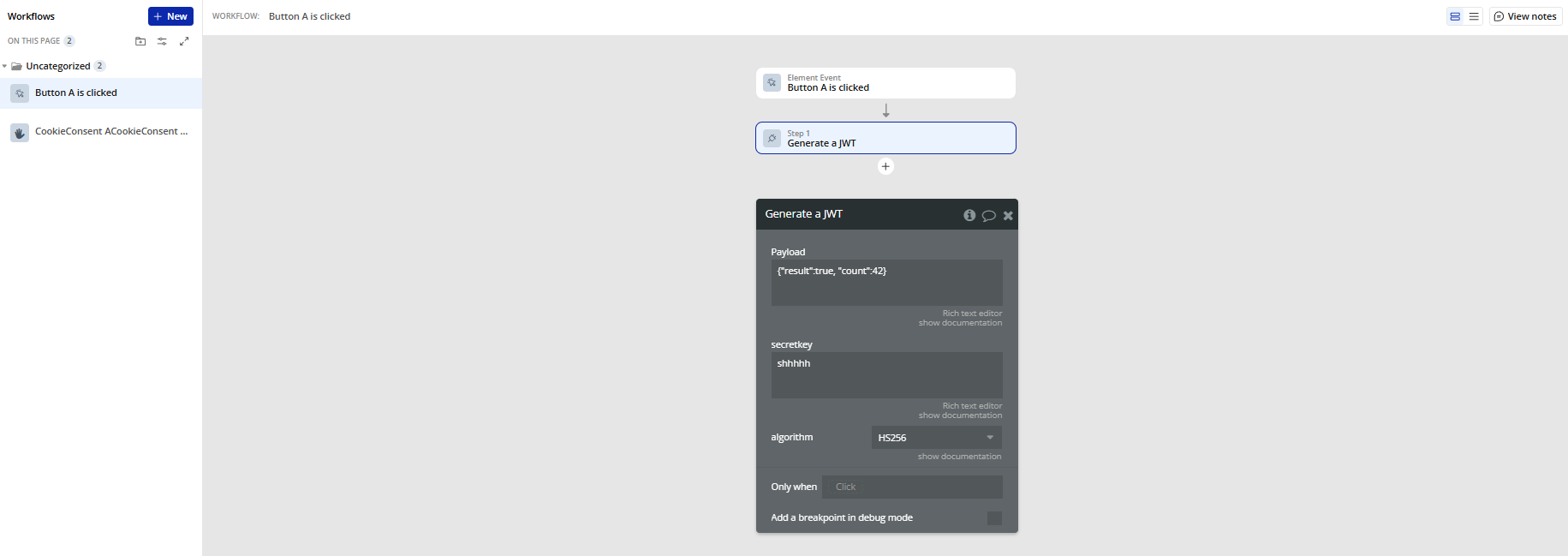 Workflow → Generate a JWT.