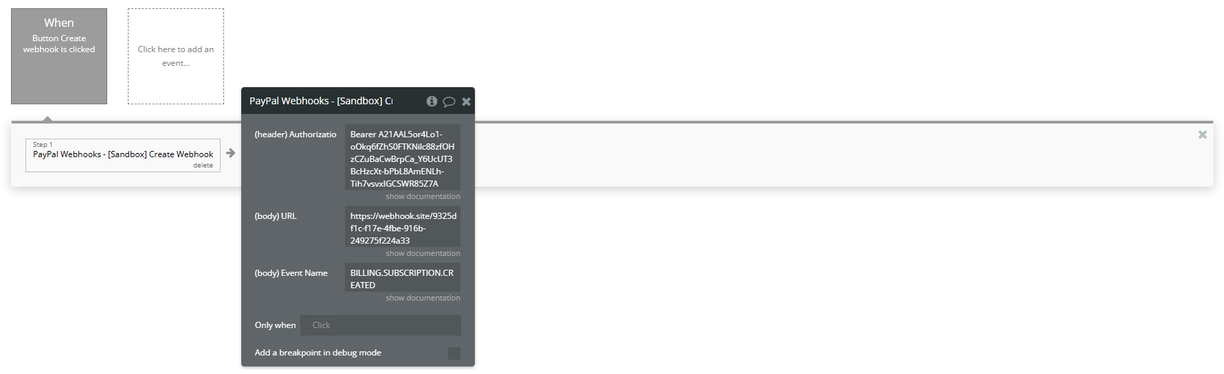 Workflow action → PayPal Webhooks - [Sandbox] Create Webhook.
