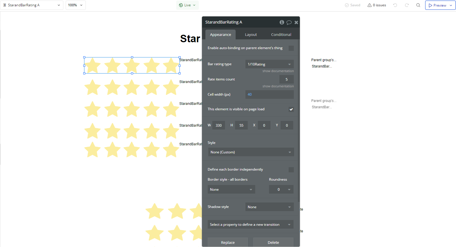 Element → Star and Bar Rating.