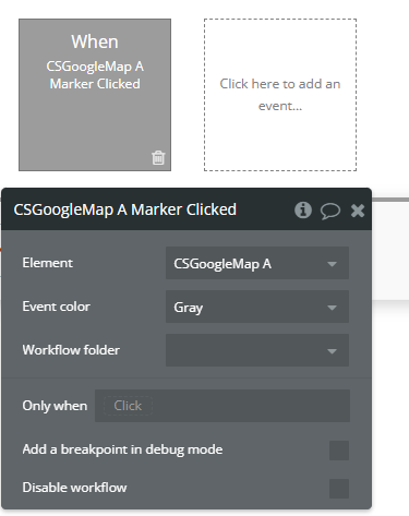 Workflow event → CS Google Map Marker Clicked.