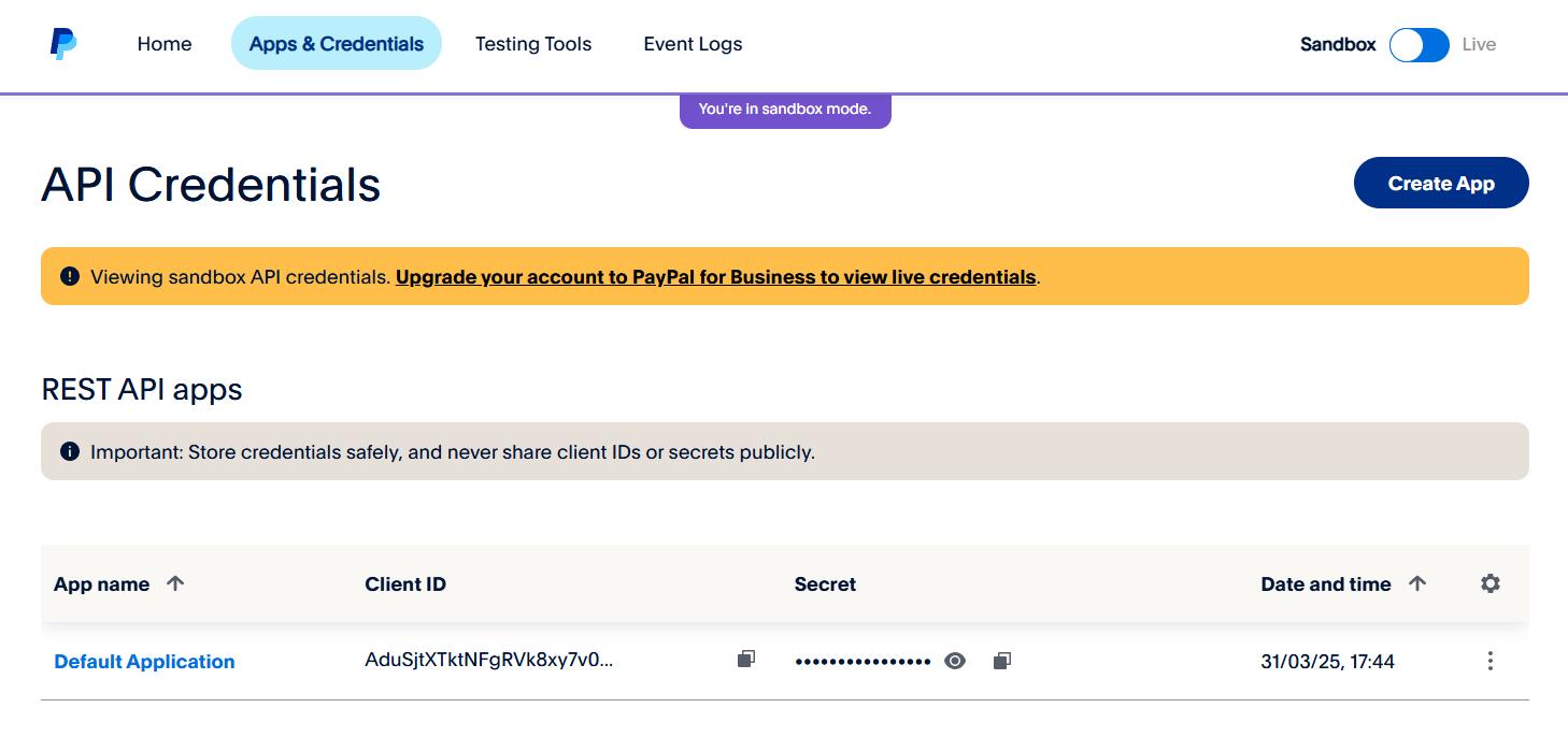 Paypal → APIs Key.