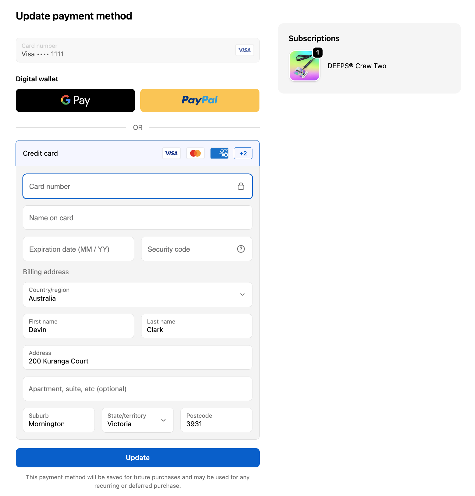The shopify hosted Update payment method page. 