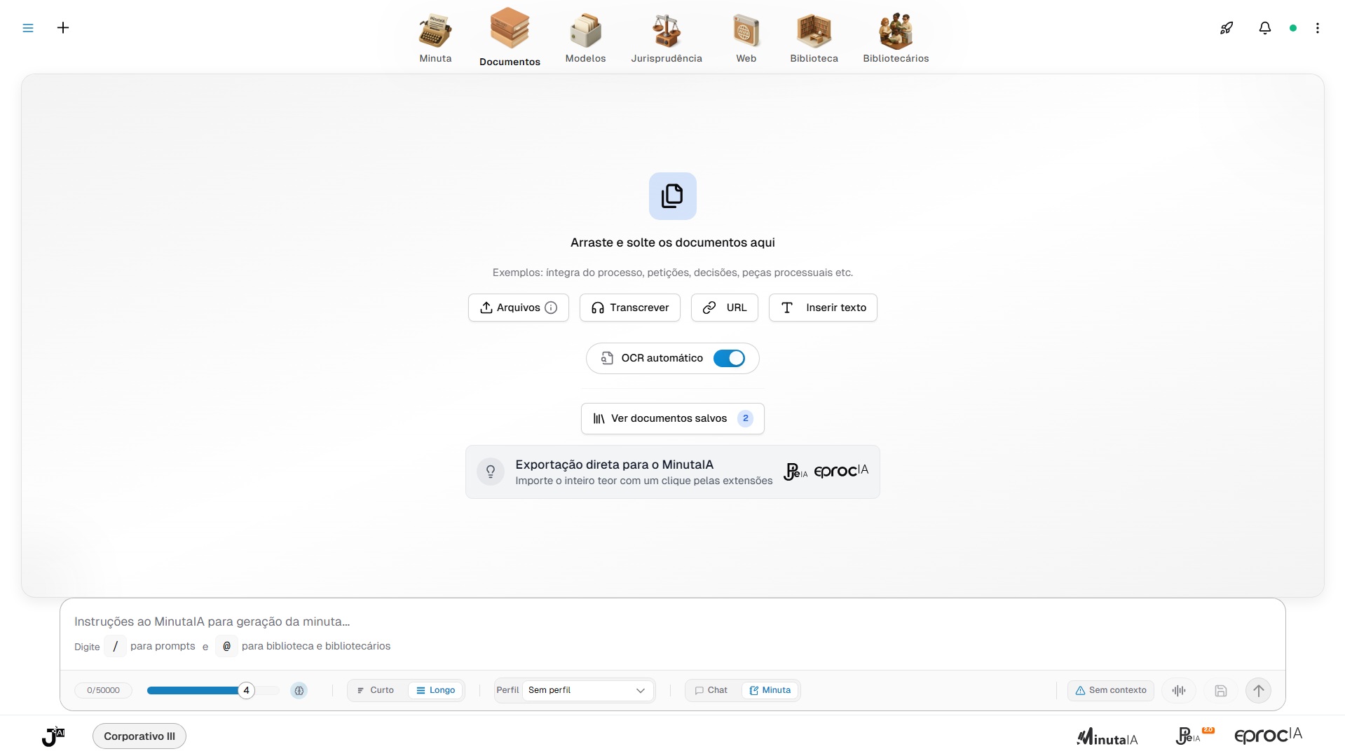 Exibição da página quando não há documentos carregados.