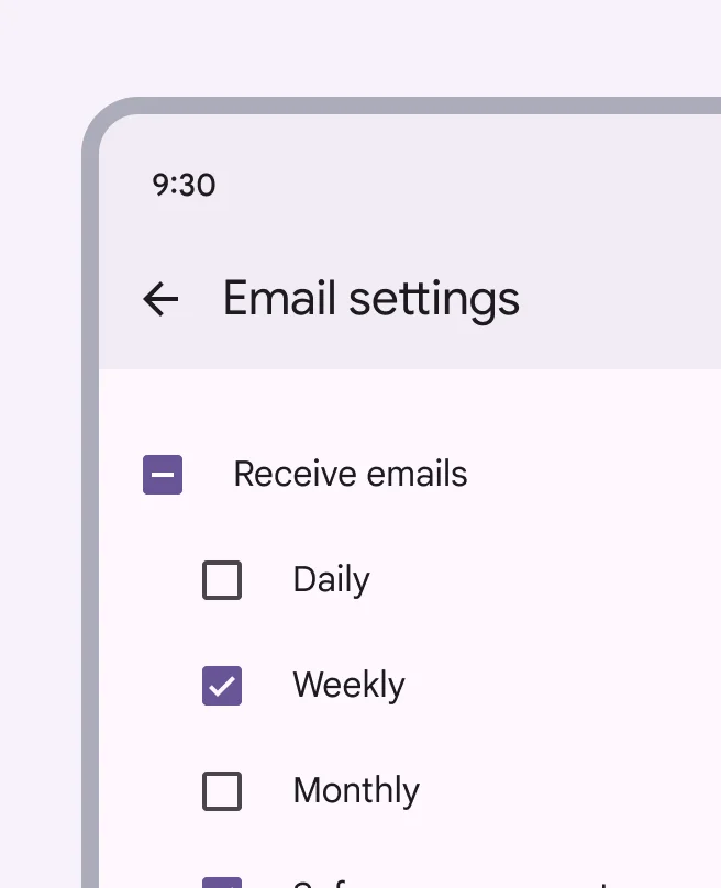 ✅ DO
Checkboxes let users select one or more options from a list. A parent checkbox allows for easy selection or deselection of all items