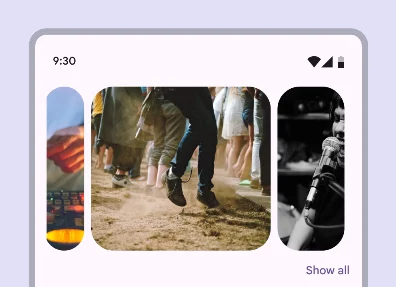 A centered hero carousel has a two small carousel items, with a large item centered