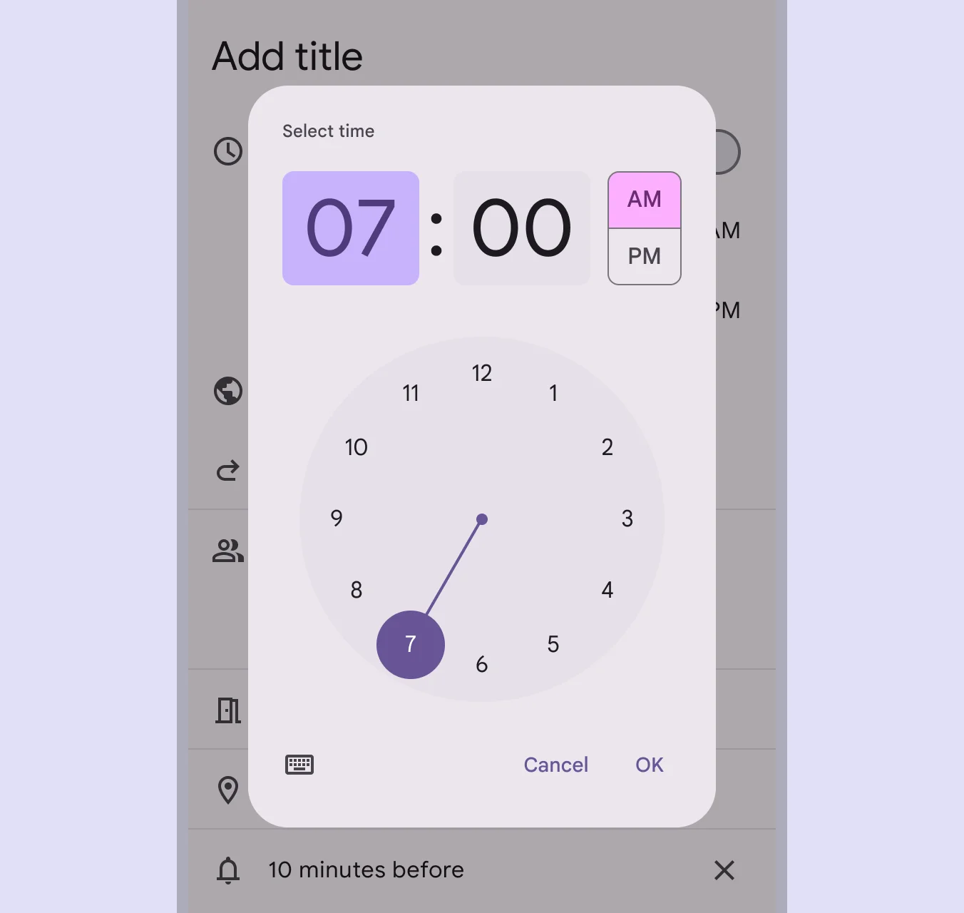 Hour selection in a mobile calendar picker