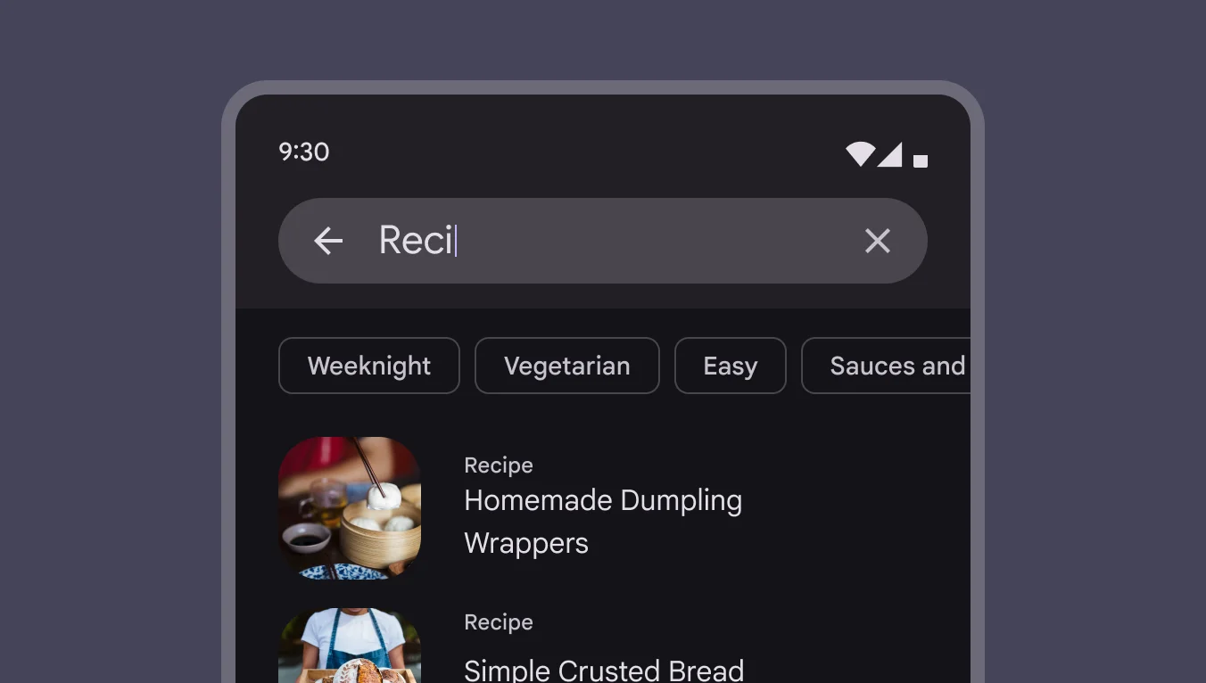 Filter chips can be shown underneath a search field