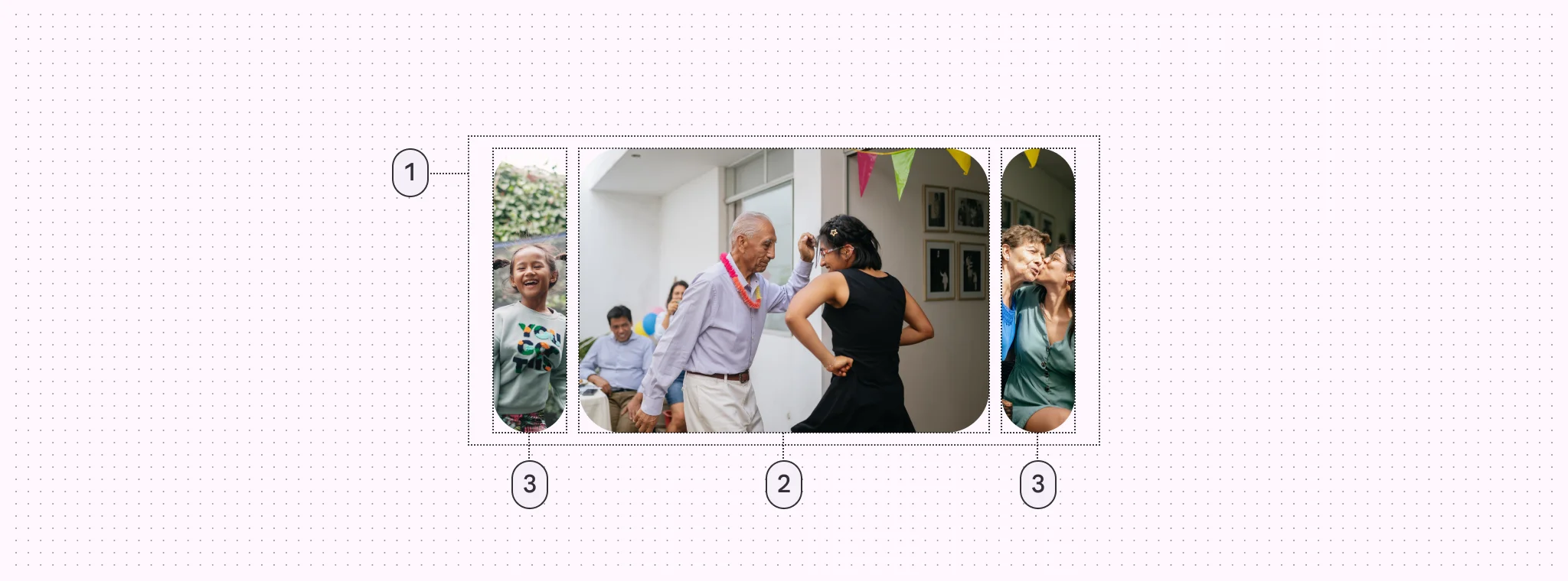 1. Container
2. Large carousel item
3. Small container item