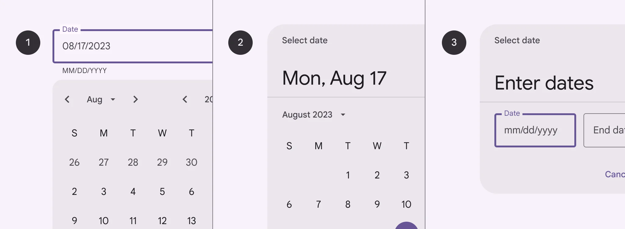 1. Docked date picker
2. Modal date picker
3. Modal date input