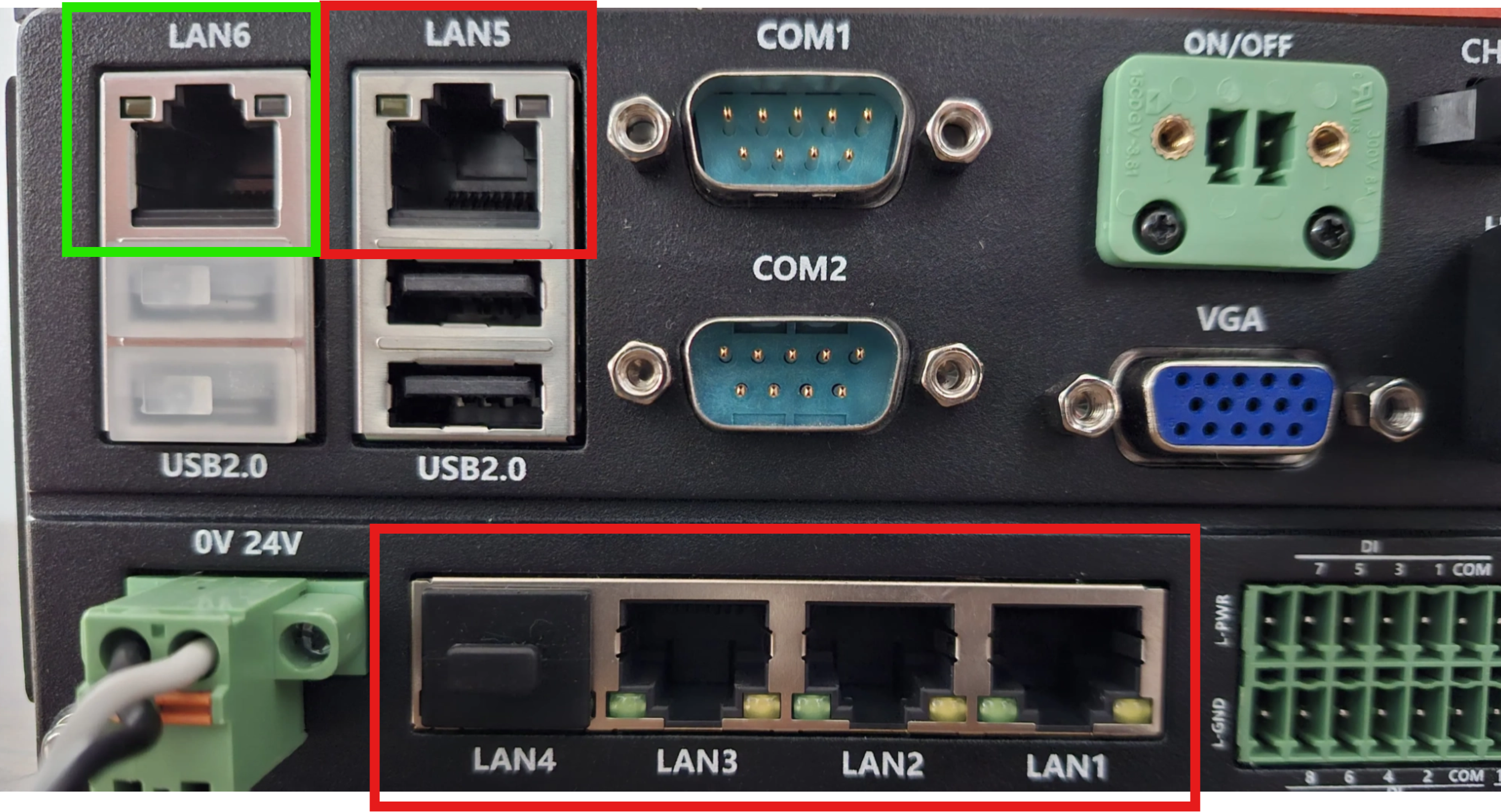 Portable server sensor ports (red) and LAN port (green)