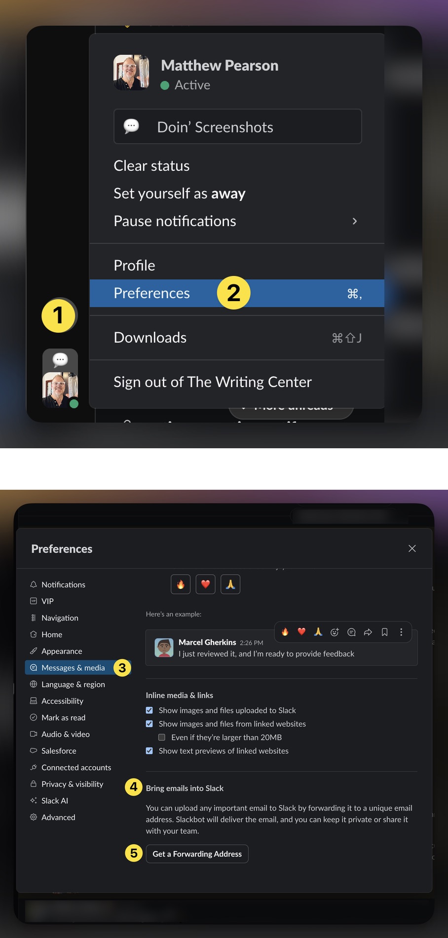 Screenshot of Steps 1-5 of receive WCOnline notifications in Slack instructions