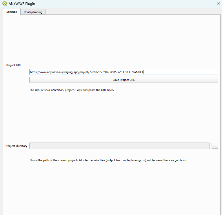 Paste the url of your ANYWAYS project in the Project URL textbox
